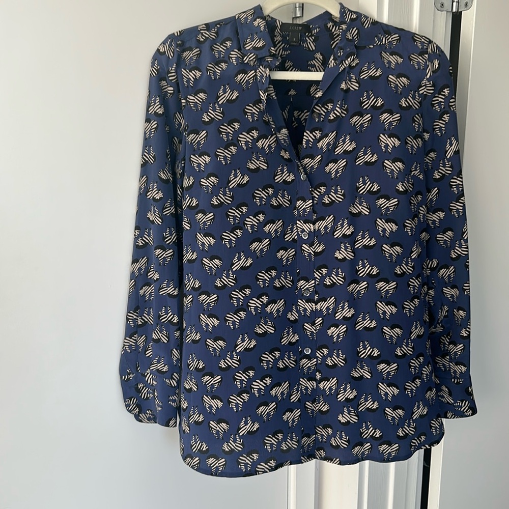 J. Crew Blue and White Zebra Patterned Button-Down Shirt Size 2 100% Silk